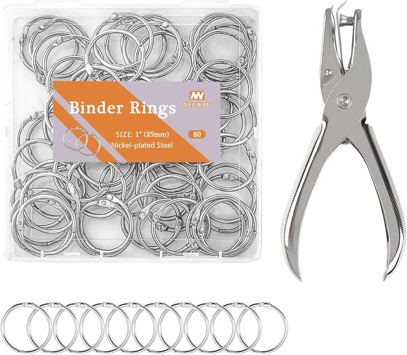 NEEWAY 80pcs Loose Leaf Binder Rings 1 Inch, Paper Rings with 1/4 Single Hole Punch, Metal Book Rings for Index Cards, Sliver - Image 1